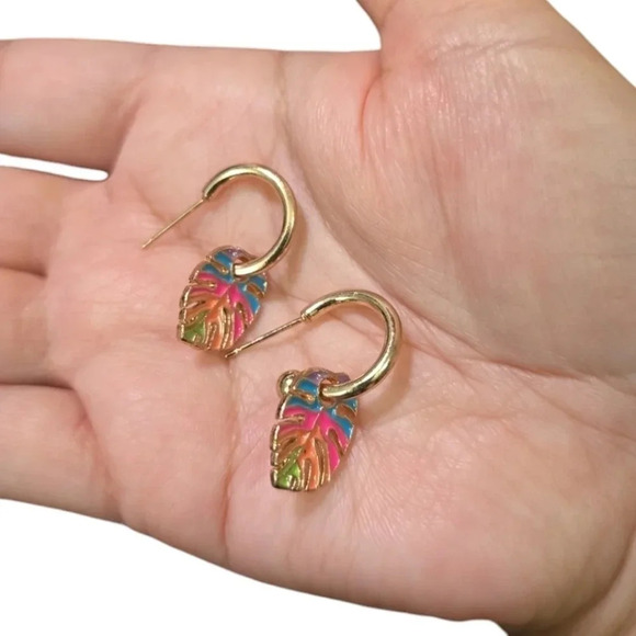 Gold Plated Hoop Dangle Colorful Leaf Earrings - Picture 2 of 2